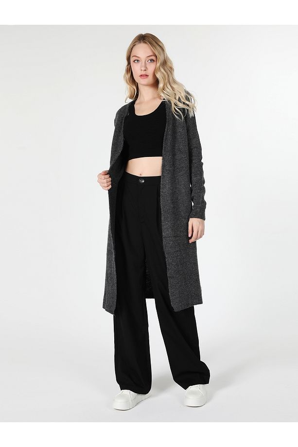 Regular Fit Uzun Antrasit Kadın Hırka Cl1061438 - 8