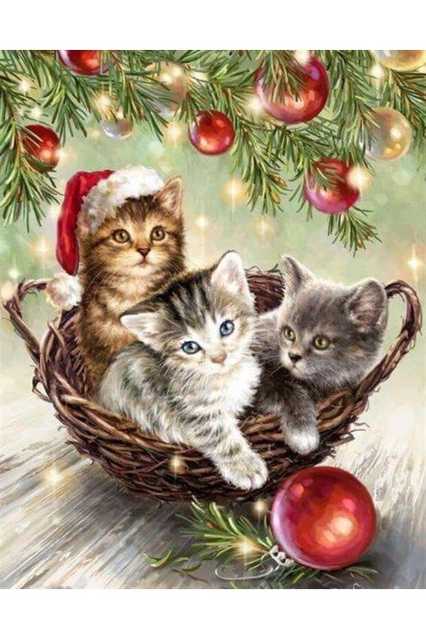 Noelde Sevimli Kediler Marcel Sanat Elmas Mozaik Tablo 41x51cm - 1
