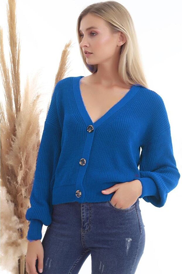 Women's Cobalt Blue 3-Button V-Neck Cardigan