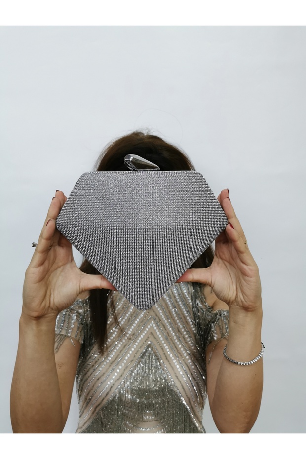 Women's Big Stone Look Platinum Evening Clutch Chain Strap Handheld Wedding Engagement Night Shoulder Bag