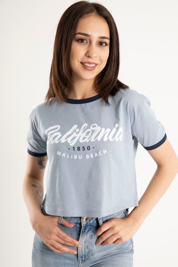 Women's Blue California Printed Crop T-shirt