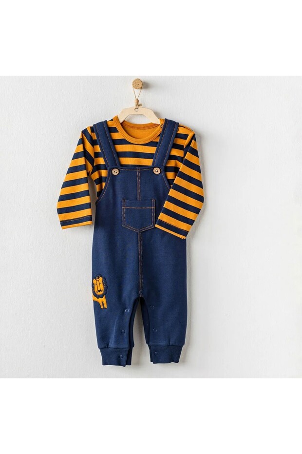 AC24195 Lion Baby Dungarees Set Navy Mustard