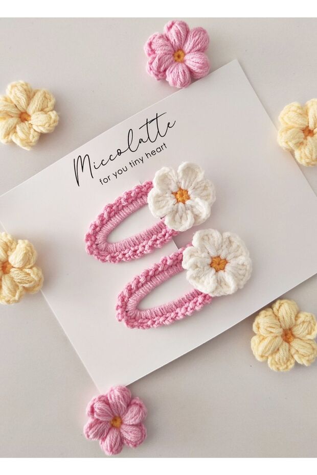 Girl's Daisy Figured Hand-Knitted Snap Buckle Set of 2 Pink (for Ages 4 and Over, Buckle Size 7cm)