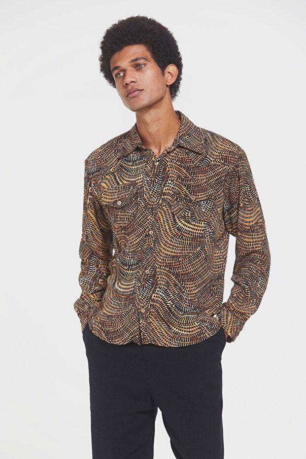 Long Sleeve Shoulder Detailed Men's Shirt Yellow