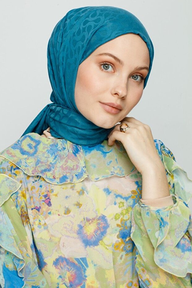 Petrol Blue Bloom Patterned Shawl - 1