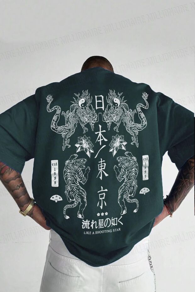 Men's Dragon Printed Petrol Green Crew Neck Oversize Casual T-Shirt