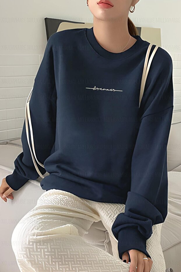 Women's Navy Blue Dreamer Printed 0 Crew Neck Oversize Loose Loose Fit Fleece Sweatshirt