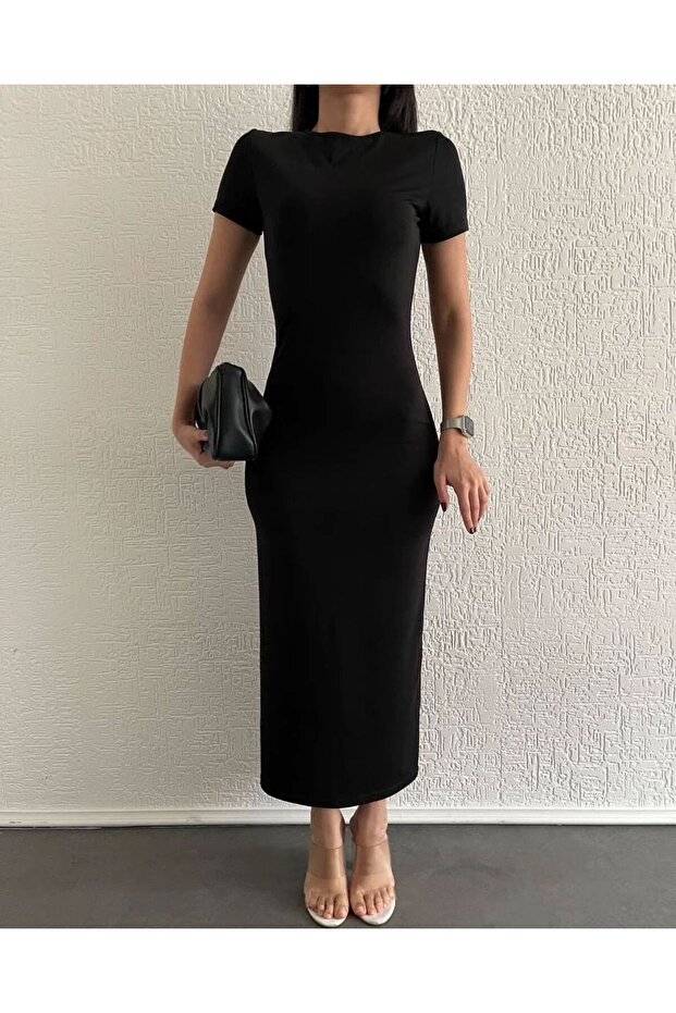 Short Sleeve Osho Fabric Women's Black Plain Crew Neck Midi Dress 167