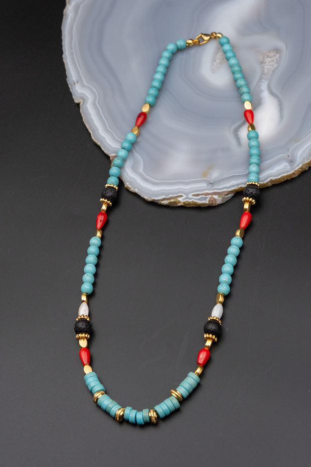 Lava Turquoise and Coral Stone Necklace