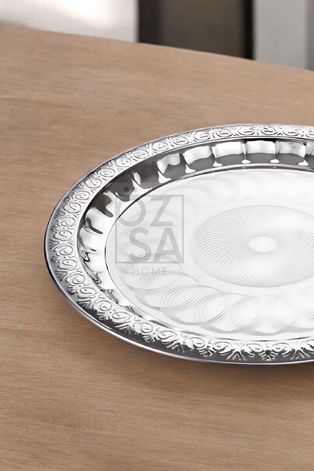 Paslanmaz Çelik Desenli Yuvarlak Çay Tepsi Kahve Servis Sunum Tepsi 40cm - 2