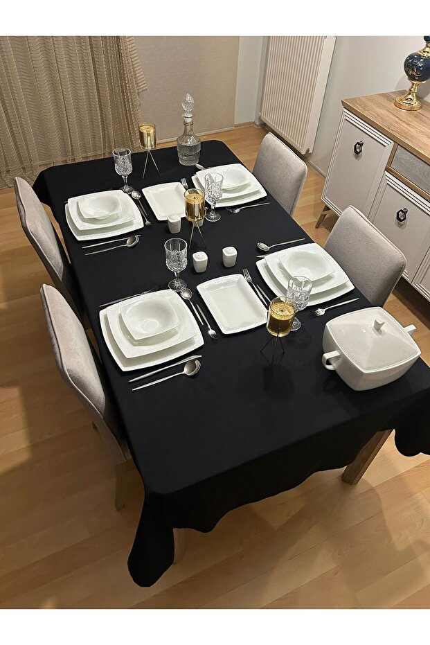 Meral Lead - Liquid Resistant Cotton Linen Black Tablecloth