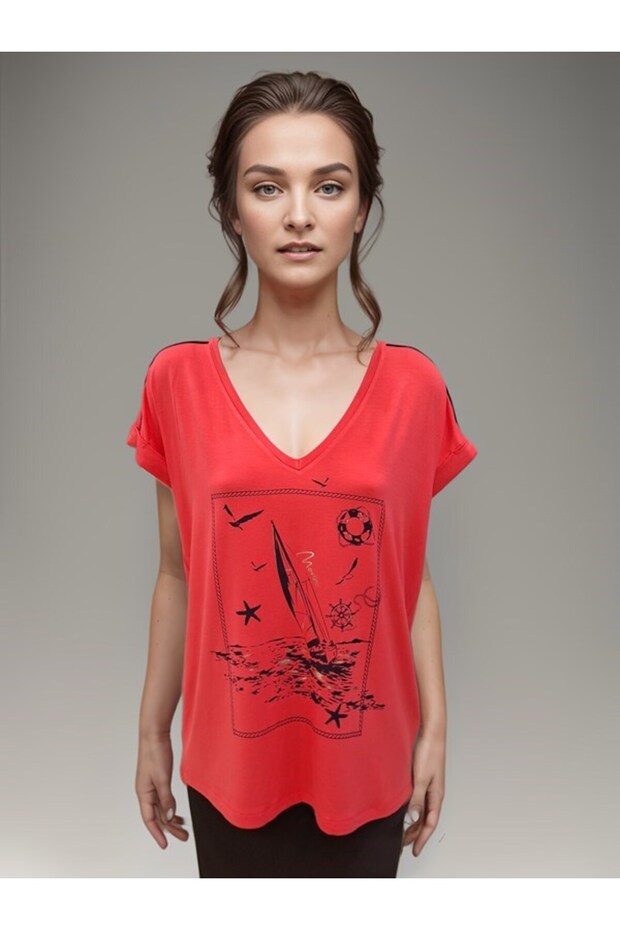 Marina Printed V-Neck Short Sleeve Blouse
