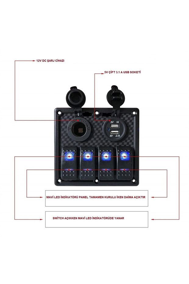 BFY Marin Switch Panel 4 Anahtarlı, USB + 12V - 4