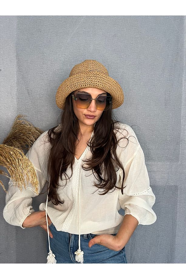 Hasır örme yazlık bucket şapka - 6