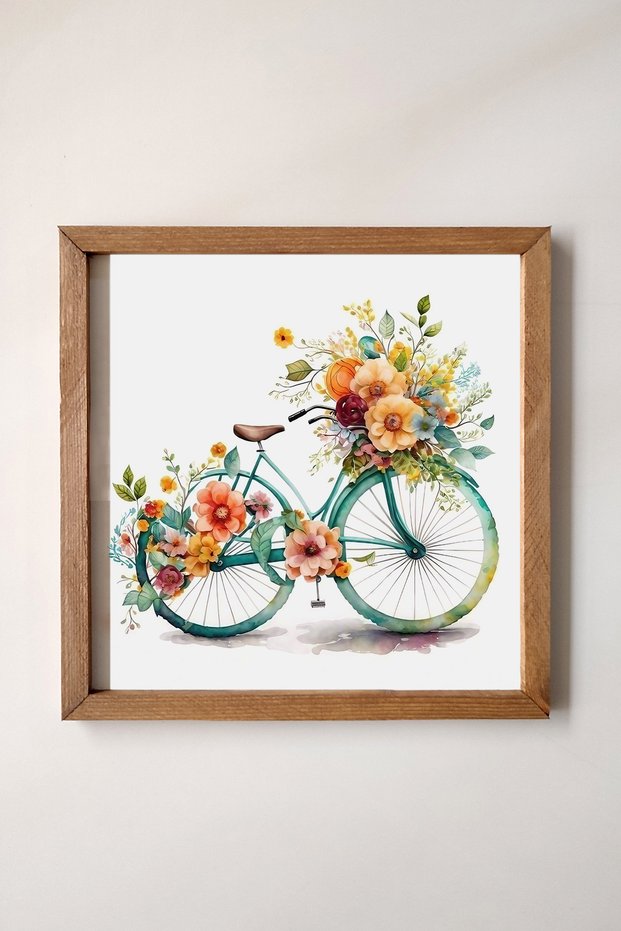 Bicycle Painting Decorated with Flowers with Watercolor Effect in Wooden Frame, Watercolor