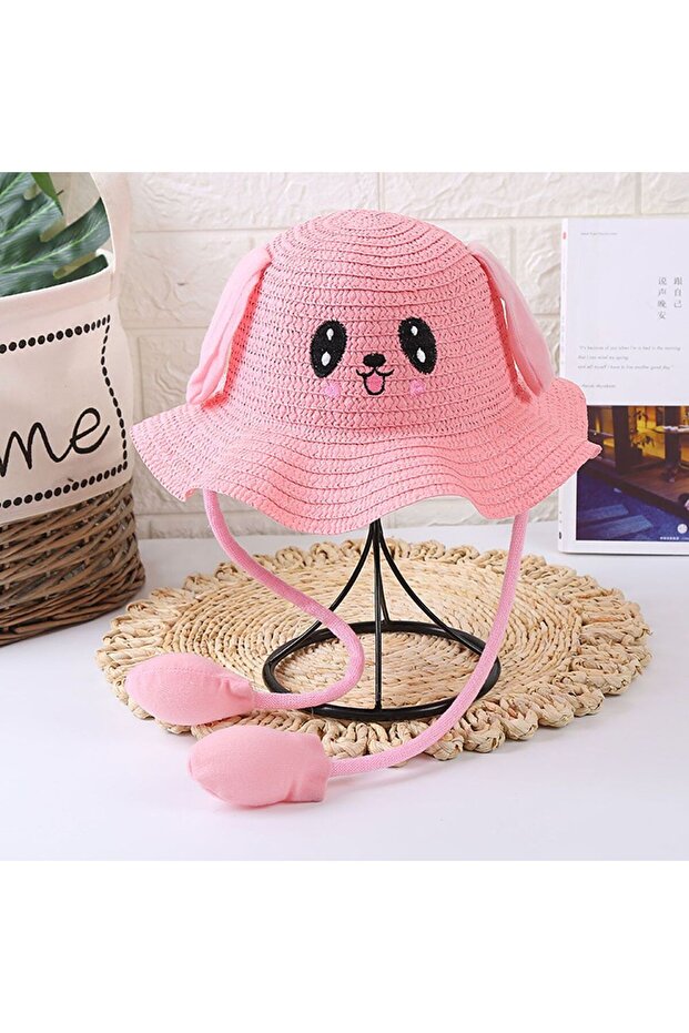 Children's Purple Summer Straw Hat with Movable Ears