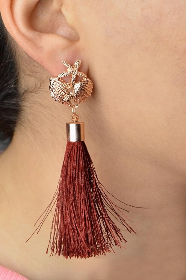Long Gold Earrings with Starfish and Oyster Details and Tassels