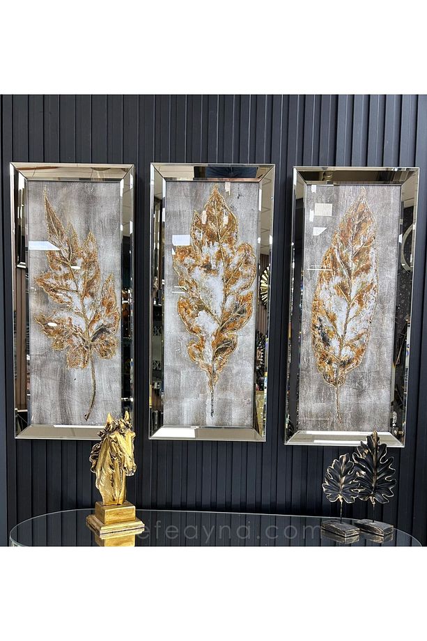 GÜZ YAPRAKLARI- 3'LÜ BRONZ AYNA TABLO SETİ-40x90cm  (40x90cm  x 3adet tablo ) - 1