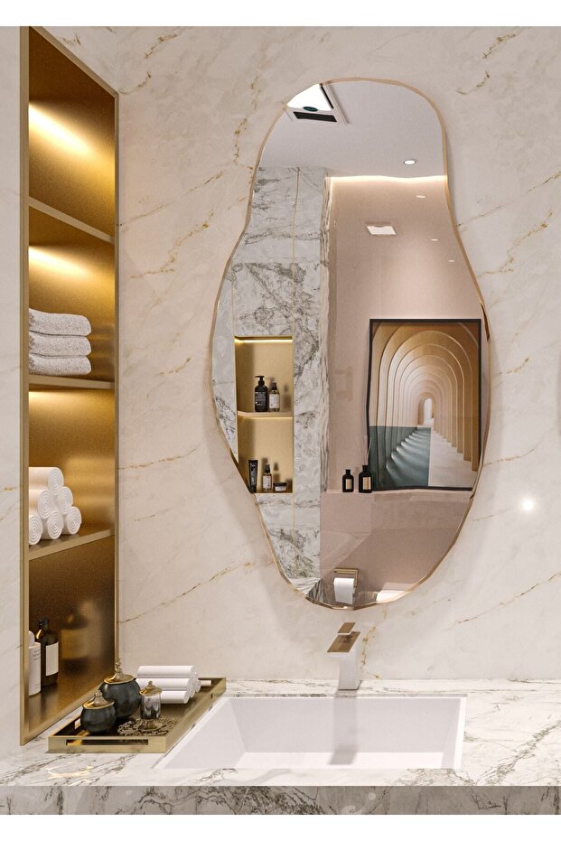 CG HOME Asimetrik Ayna, Konsol Aynası, Dresuar, Tuvalet Aynası, Gold Çerçeve, 50X30 CM