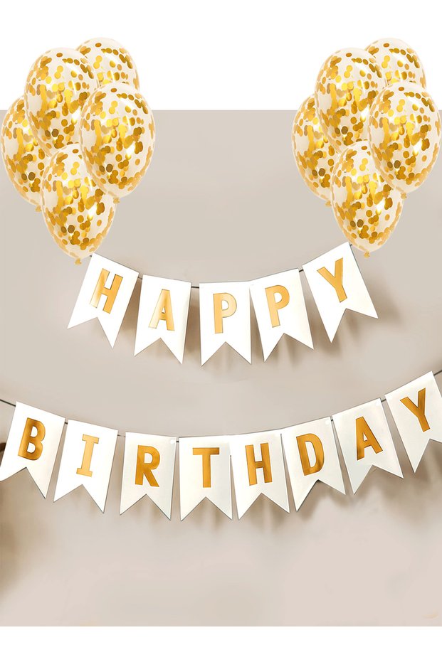 Gold-White Happy Birthday Ornament Banner and 10Pcs Transparent Balloons and Gold Balloon Confetti Sequins Birthday