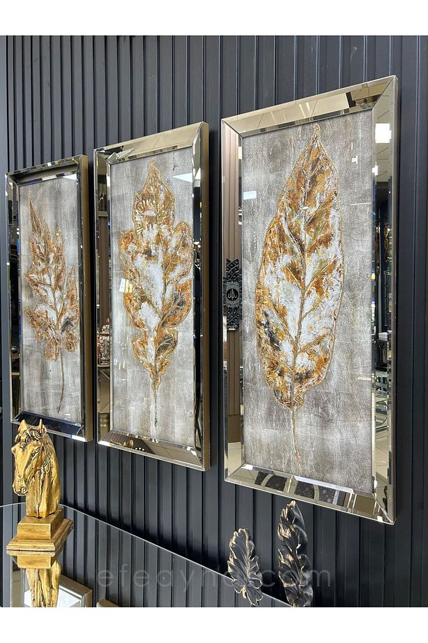 GÜZ YAPRAKLARI- 3'LÜ BRONZ AYNA TABLO SETİ-40x90cm  (40x90cm  x 3adet tablo ) - 4