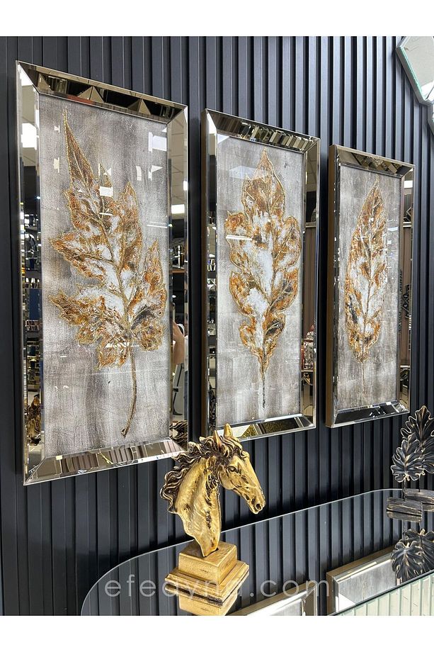 GÜZ YAPRAKLARI- 3'LÜ BRONZ AYNA TABLO SETİ-40x90cm  (40x90cm  x 3adet tablo ) - 3
