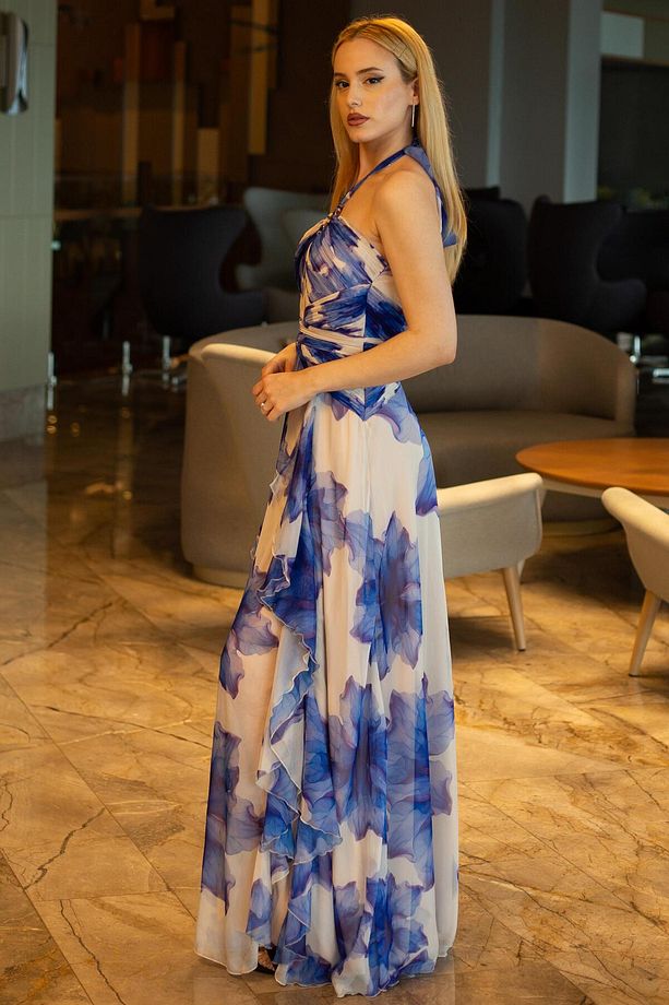 Saks Desenli Şifon Abiye Elbise - 5