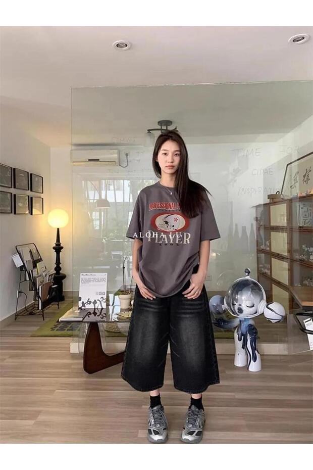 Küt Küt Siyah Yıkamalı Kumaş Y2K Unisex Baggy Oversize Kalıp Kot Pantolon Şort - 5