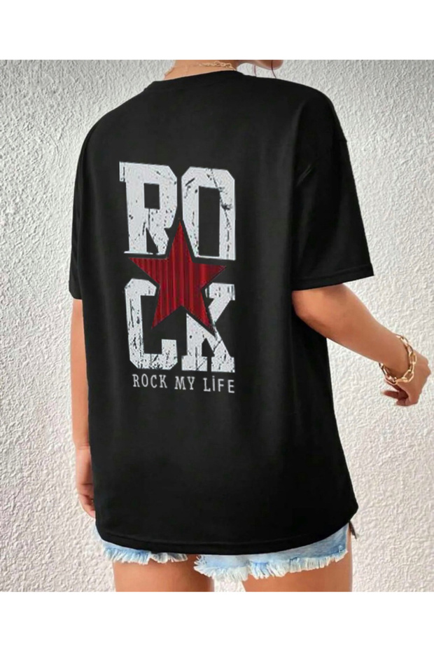 Black Oversize Rock My Life Printed T-Shirt Unisex