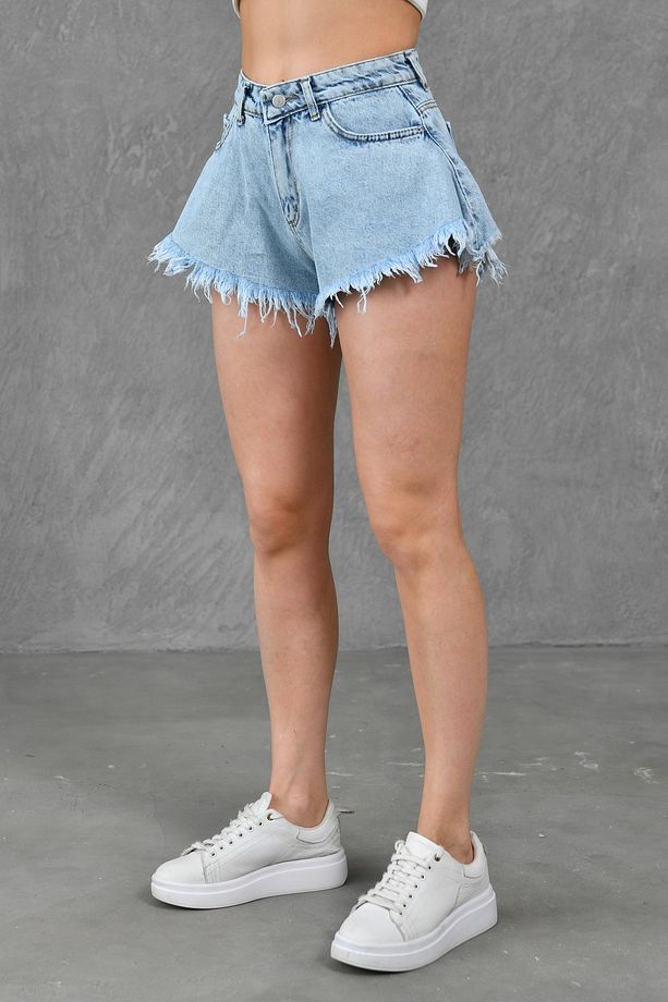 Kadın Paça Ucu Püsküllü Yüksek Bel Likrasız Volanlı Kesim Açık Mavi Kot Şort Denim Şort 70355 - 9
