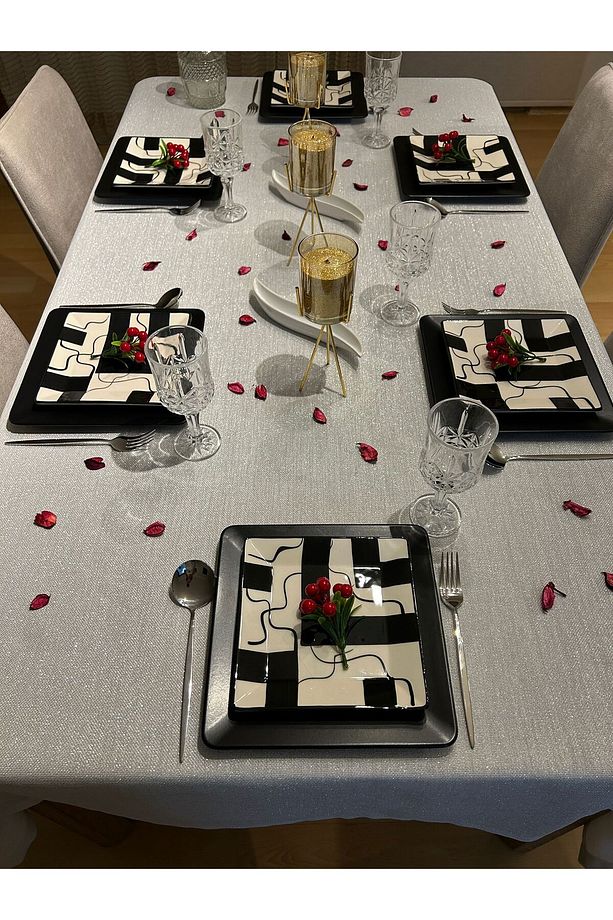 Meral Kurşun Collection Polyester Keten Simli Masa Örtüsü Gümüş - 1