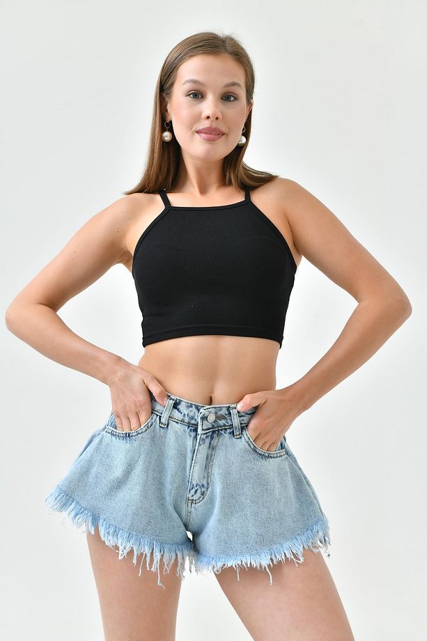 Paça Ucu Detaylı Yüksek Bel Likrasız Volanlı Kalıp Açık Mavi Kot Şort Denim Şort 70355 - 6