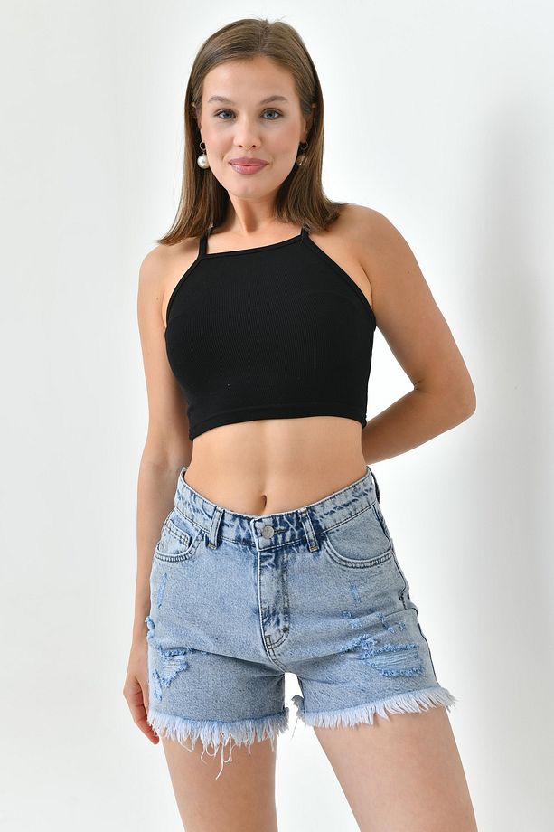 Kadın Yırtık Detaylı Yüksek Bel Likrasız Açık Mavi Kot Şort Likrasız Mavi Denim Şort 70363 - 6
