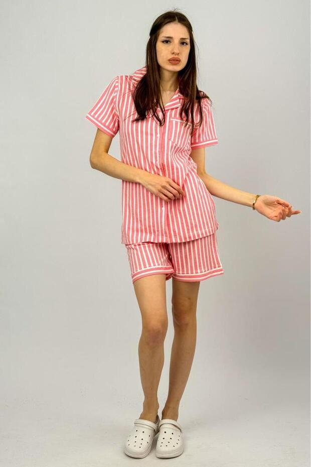 100% Cotton Short Sleeve and Elastic Waist Shorts Pajamas Set for Women - Pink and White Striped