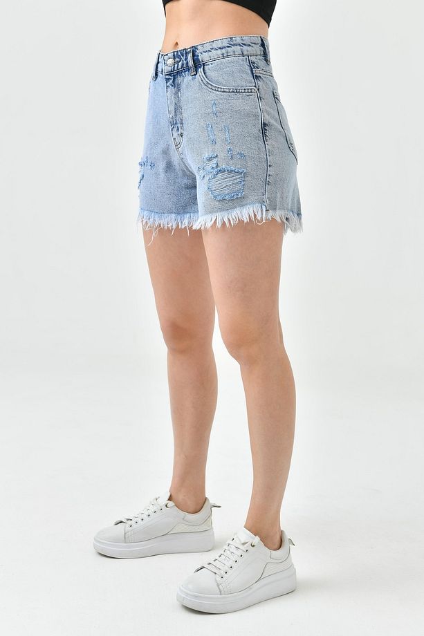 Kadın Yırtık Detaylı Yüksek Bel Likrasız Açık Mavi Kot Şort Likrasız Mavi Denim Şort 70363 - 8