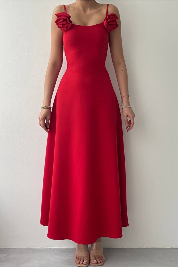 Red Atlas Fabric Strapless Neckline Rose Accessory Detailed Design Strap Maxi Dress 258