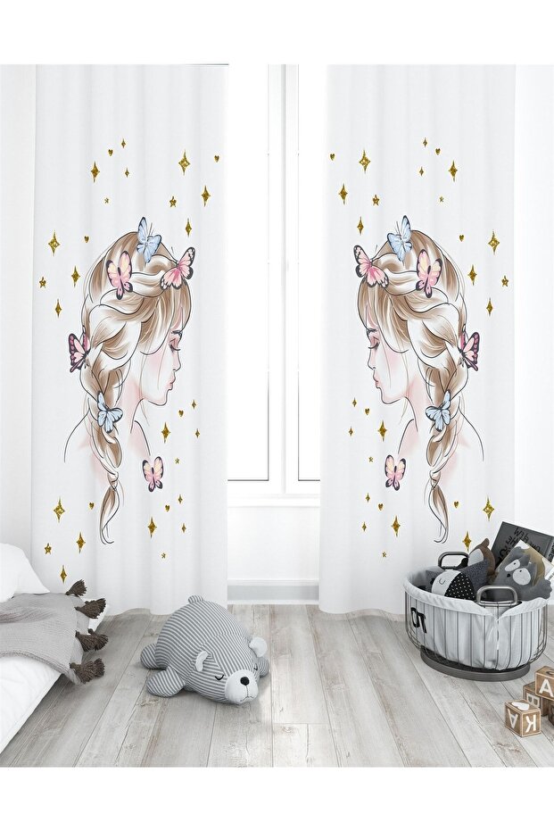 Butterfly Crowned Girl Patterned Children's Room Curtain (Single Wing Pricing)