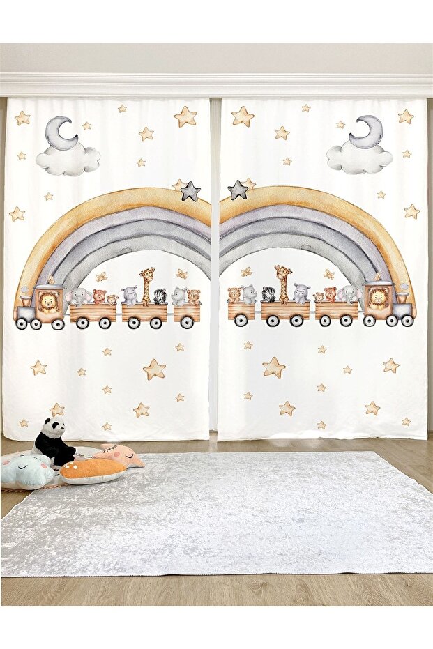Safari Train Patterned Children's & Baby's Room Background Curtain (Single Panel Pricing)