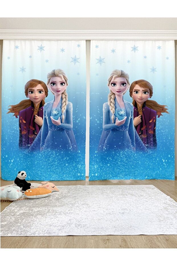 Blue Elsa Anna Patterned Children's & Baby's Room Background Curtain