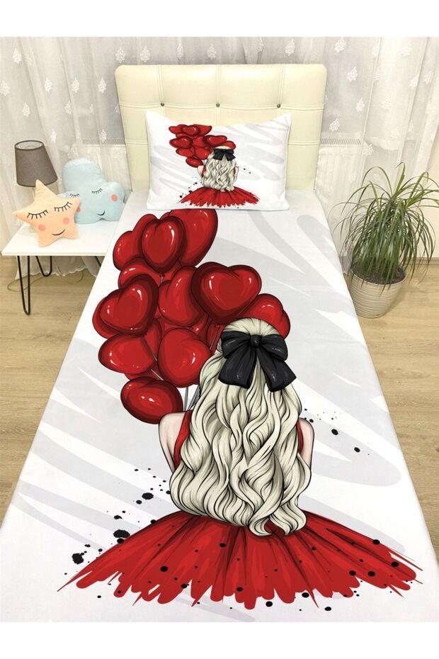 Girl in Red Dress and Balloon Patterned Bedspread