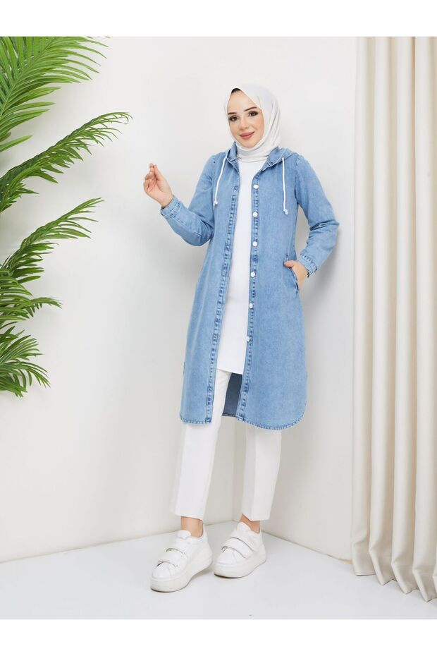 Women's Hooded Button Closure Denim Cap