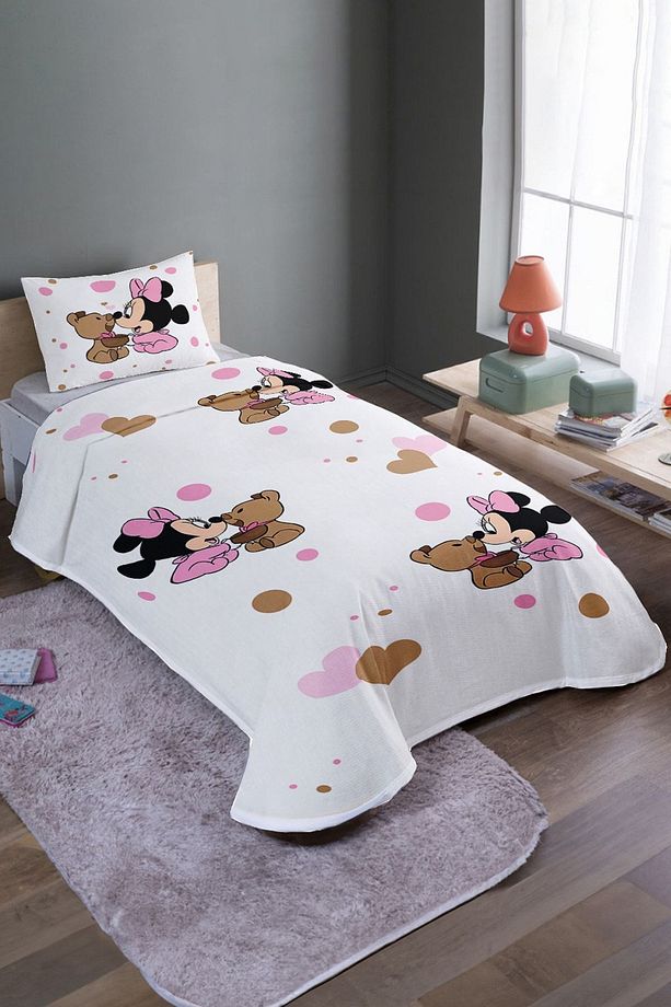 3'lü Minnie Ve Ayıcık Desenli Tek Kişilik Pike Takımı Ve Yatak Örtüsü - 2
