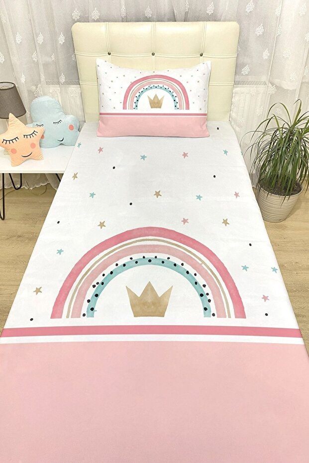 Pink Striped Starry King Crown Bedspread and Pillowcase