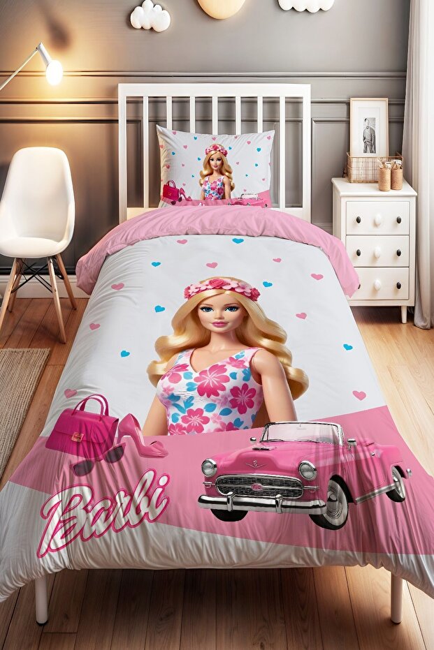 Pink Car Barbi Patterned Single Baby Kids Bedding Set