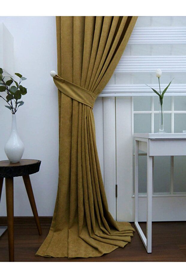 Crown Oil Green Solid Color 1/3 Close Pleated Background Curtain, Close Pleat, Single Wing