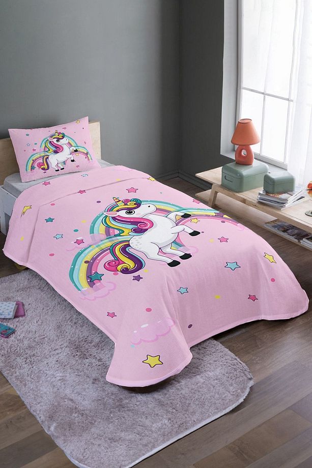 Pembe Gökkuşandaki Unicorn Desenli Tek Kişilik Pike Takımı Ve Yatak Örtüsü - 2