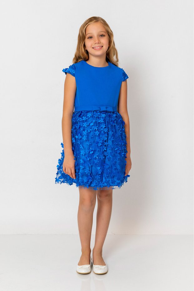 Girl's Short Sleeve Belted Floral Tulle Evening Dress