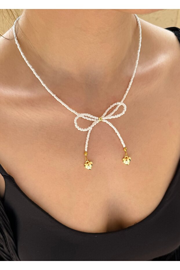 Sand bead bow white women's heart necklace