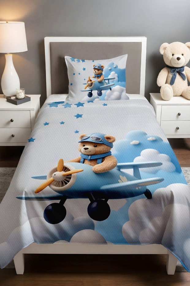 Blue Cloudy Pilot Teddy Bear Patterned Pique Set (160x230cm)
