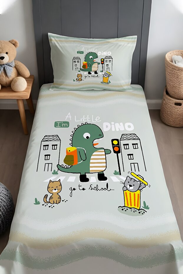 Student Dinosaur Patterned Bedspread and Pillowcase